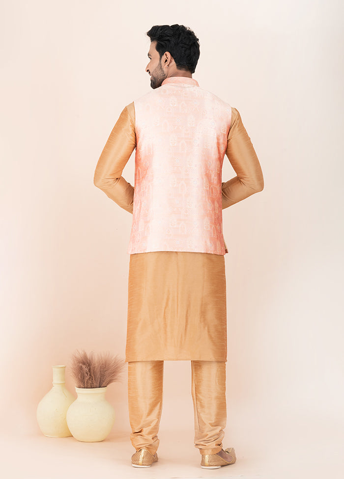 3 Pc Brown Silk Kurta Pajama with Jacket Set