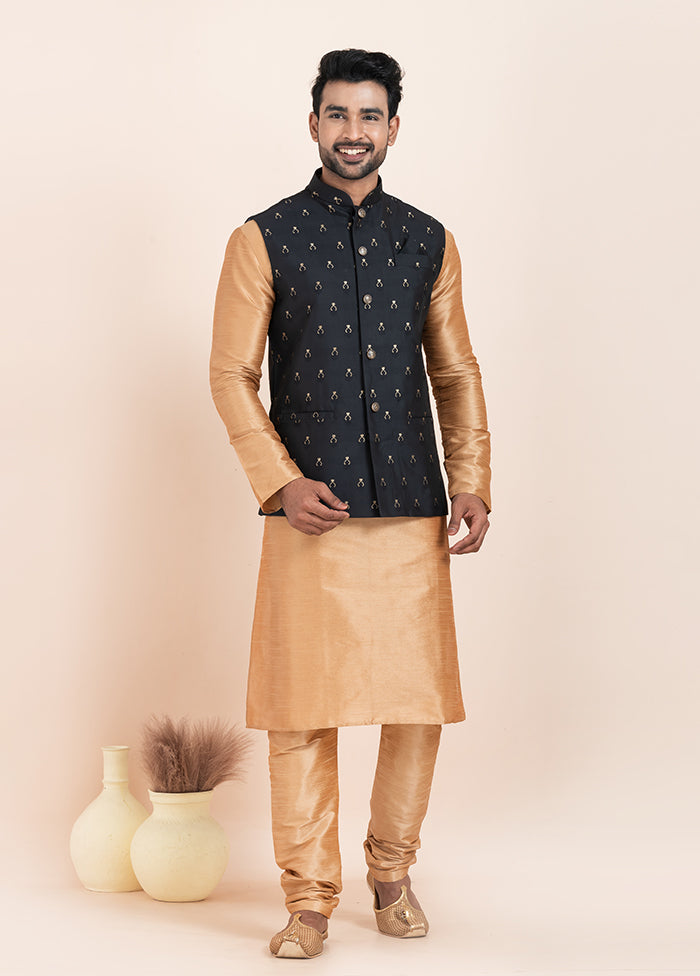 3 Pc Brown Cotton Kurta Pajama with Jacket Set