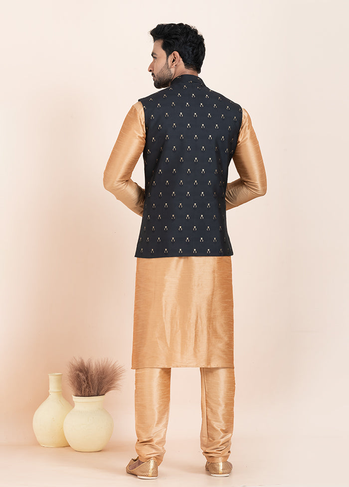 3 Pc Brown Cotton Kurta Pajama with Jacket Set