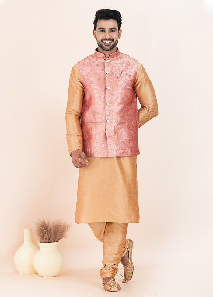 3 Pc Brown Silk Kurta Pajama with Jacket Set