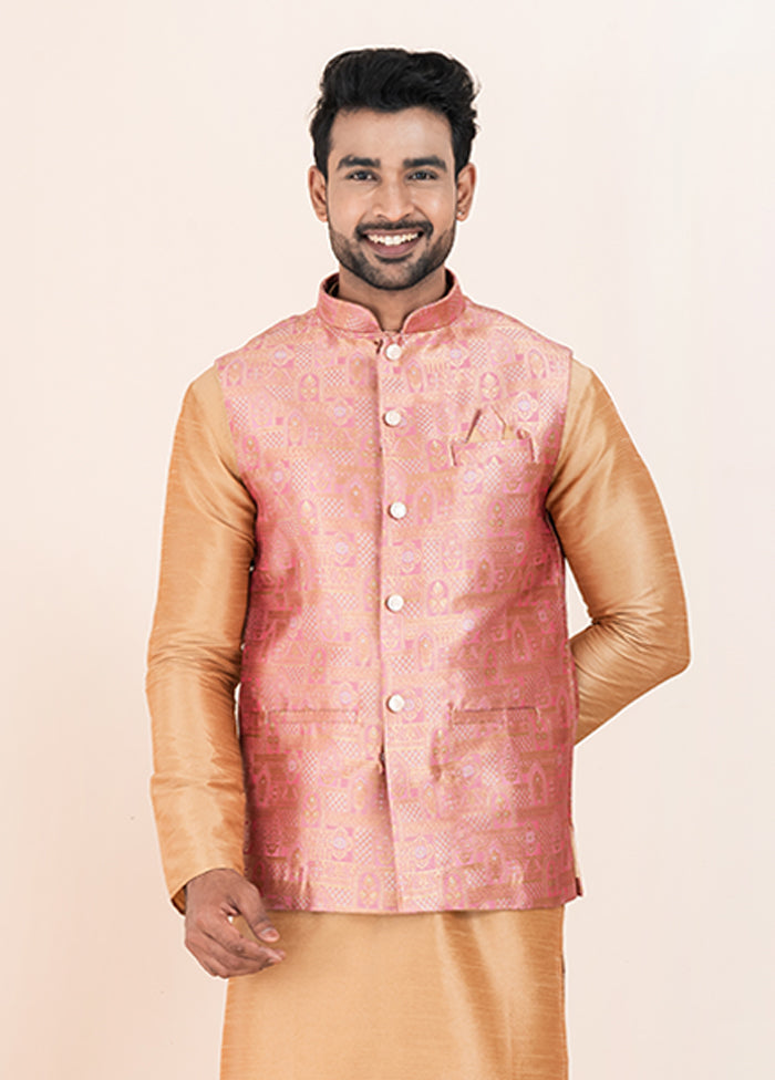 3 Pc Brown Silk Kurta Pajama with Jacket Set