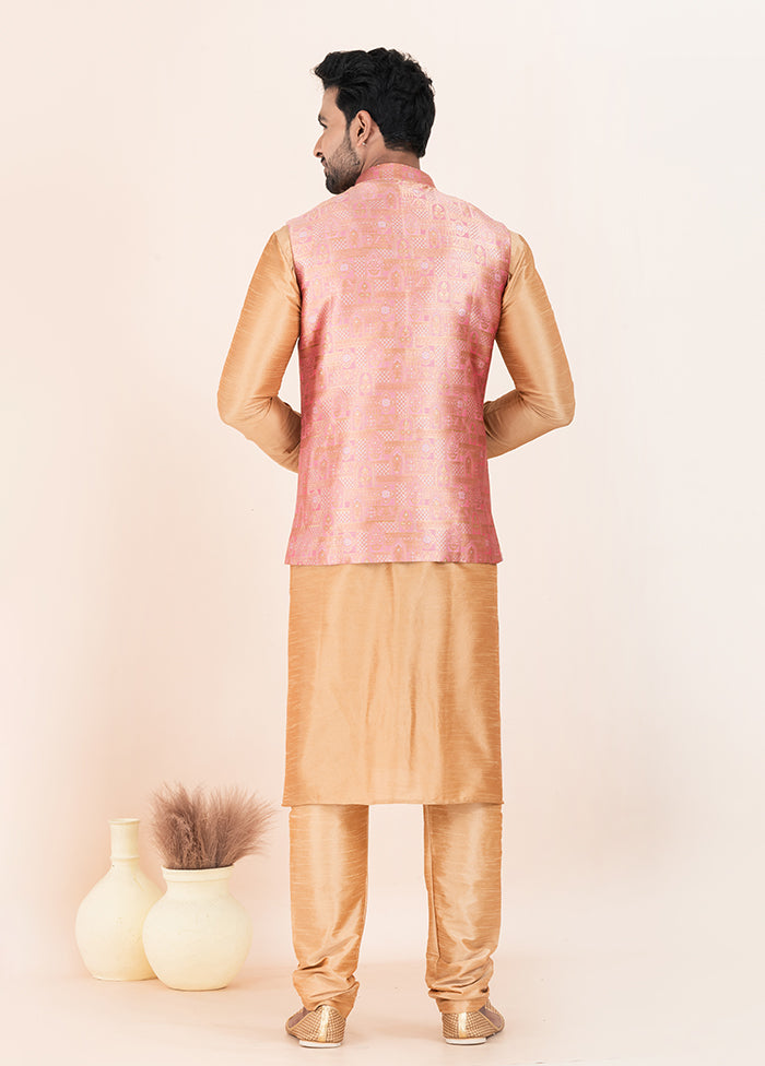 3 Pc Brown Silk Kurta Pajama with Jacket Set