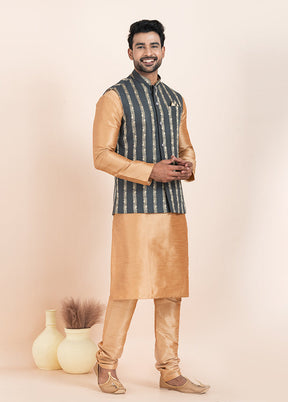 3 Pc Brown Cotton Kurta Pajama with Jacket Set