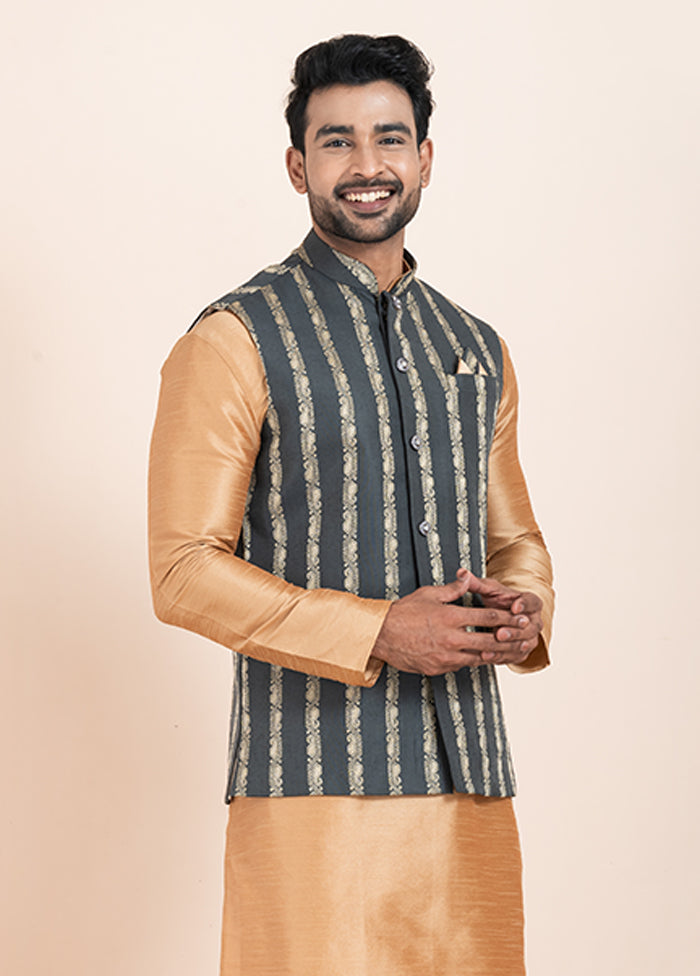 3 Pc Brown Cotton Kurta Pajama with Jacket Set