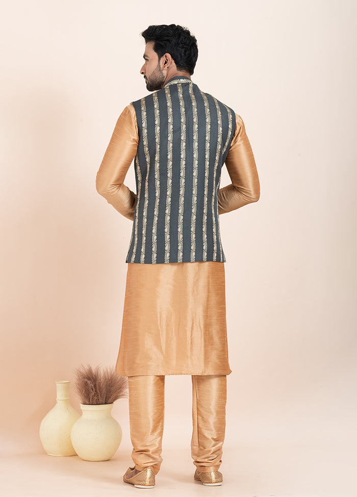 3 Pc Brown Cotton Kurta Pajama with Jacket Set