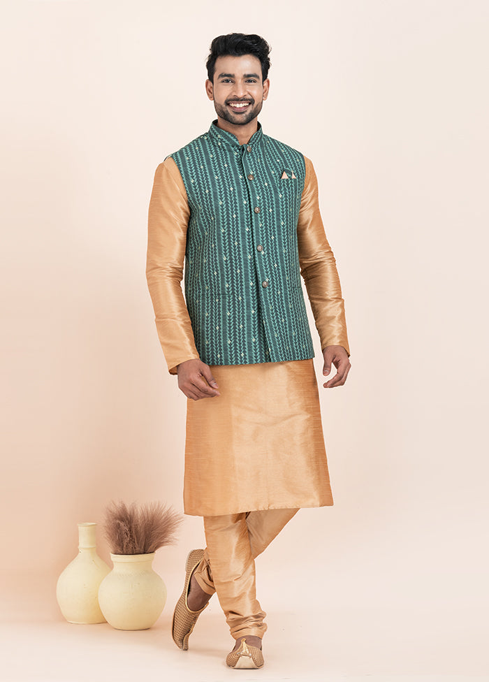 3 Pc Brown Cotton Kurta Pajama with Jacket Set