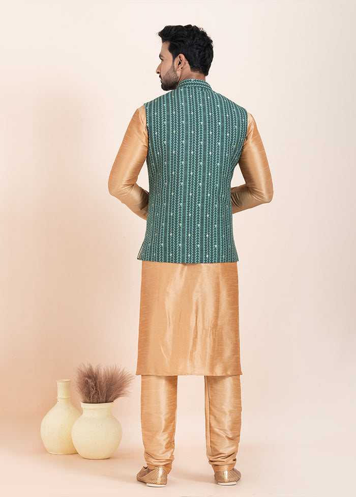 3 Pc Brown Cotton Kurta Pajama with Jacket Set