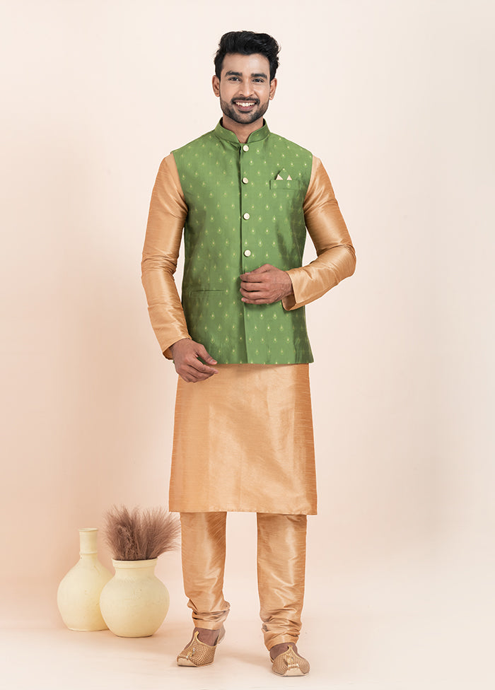 3 Pc Brown Cotton Kurta Pajama with Jacket Set