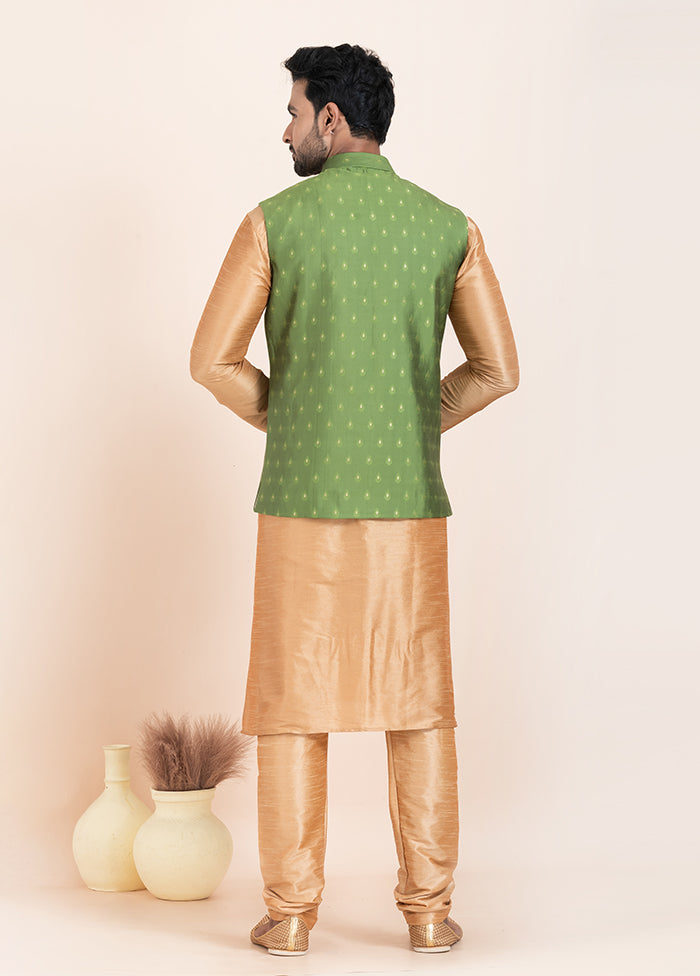 3 Pc Brown Cotton Kurta Pajama with Jacket Set