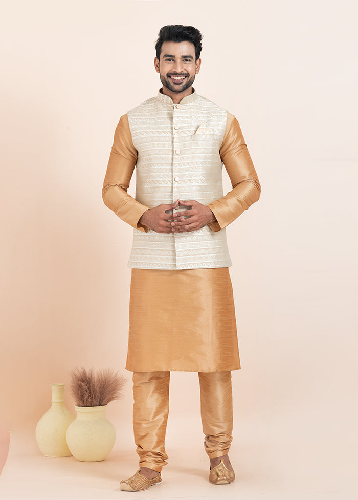 3 Pc Brown Silk Kurta Pajama with Jacket Set