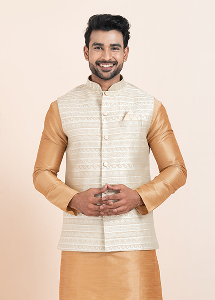 3 Pc Brown Silk Kurta Pajama with Jacket Set