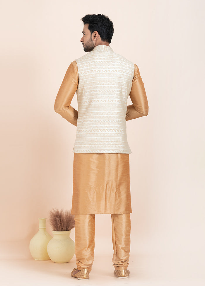 3 Pc Brown Silk Kurta Pajama with Jacket Set