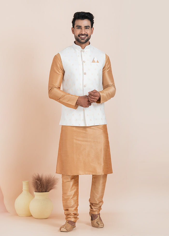 3 Pc Brown Cotton Kurta Pajama with Jacket Set