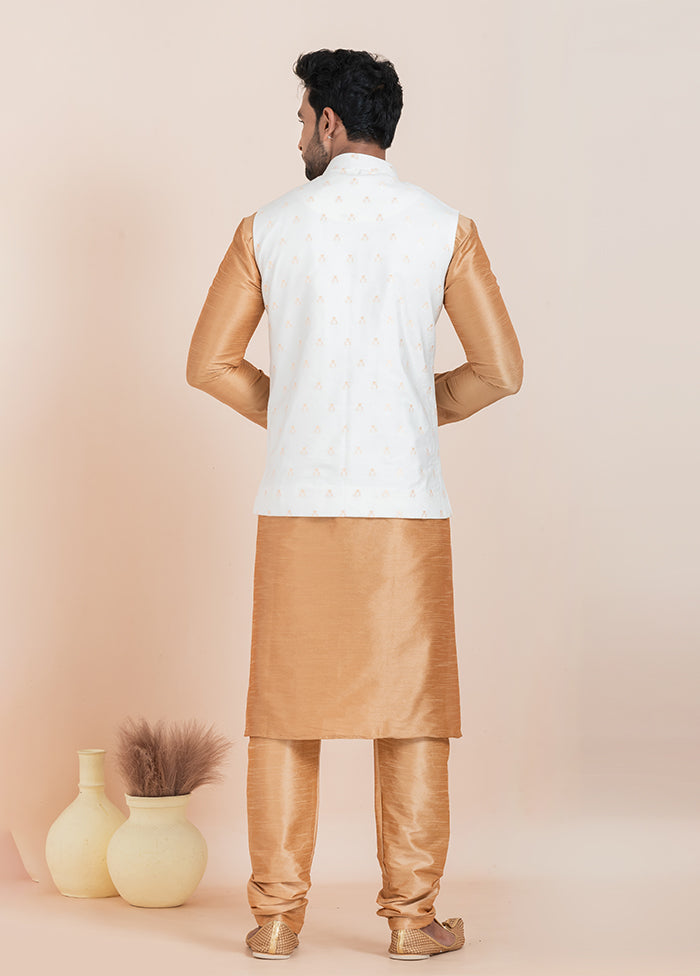 3 Pc Brown Cotton Kurta Pajama with Jacket Set