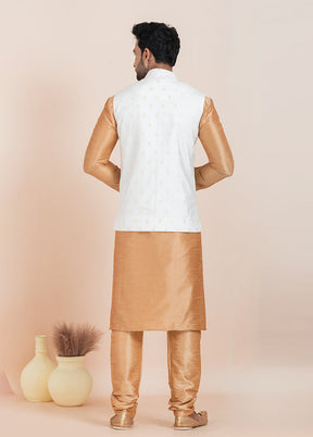 3 Pc Brown Cotton Kurta Pajama with Jacket Set