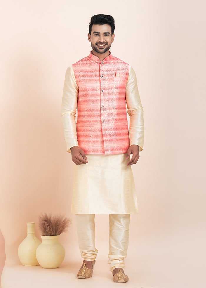 3 Pc Golden Cotton Kurta Pajama with Jacket Set