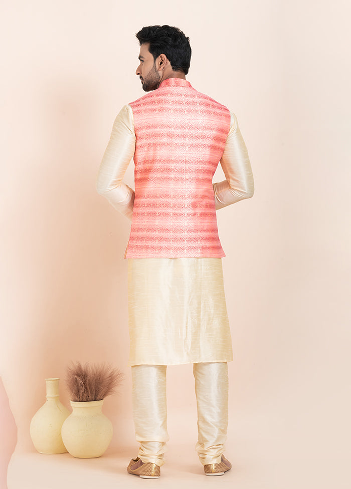 3 Pc Golden Cotton Kurta Pajama with Jacket Set