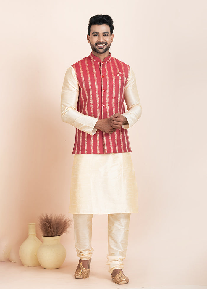 3 Pc Golden Cotton Kurta Pajama with Jacket Set