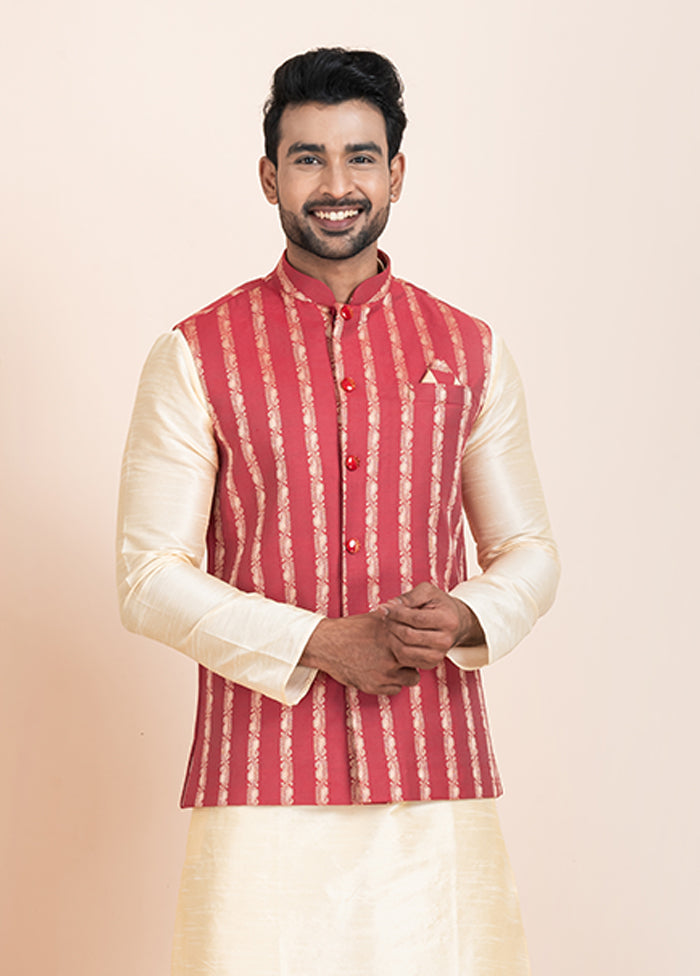 3 Pc Golden Cotton Kurta Pajama with Jacket Set