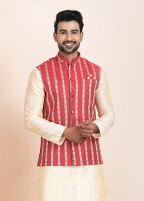 3 Pc Golden Cotton Kurta Pajama with Jacket Set