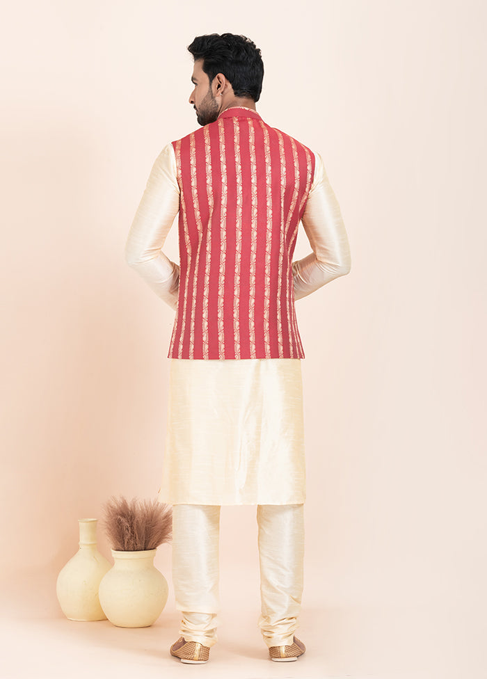 3 Pc Golden Cotton Kurta Pajama with Jacket Set