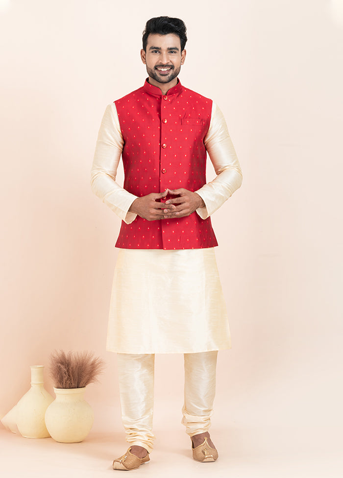 3 Pc Golden Cotton Kurta Pajama with Jacket Set