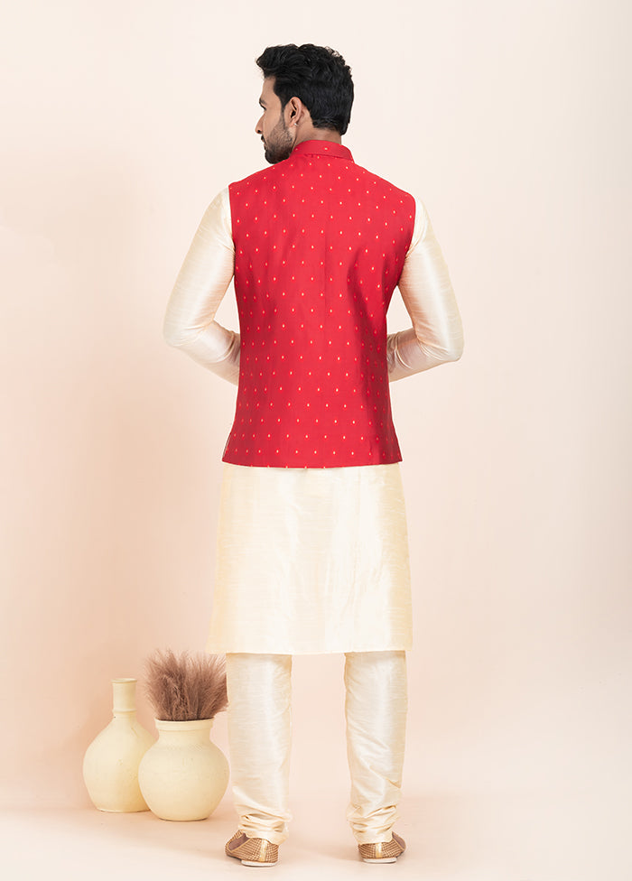 3 Pc Golden Cotton Kurta Pajama with Jacket Set