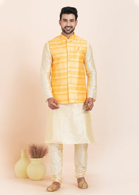 3 Pc Golden Cotton Kurta Pajama with Jacket Set