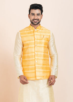 3 Pc Golden Cotton Kurta Pajama with Jacket Set