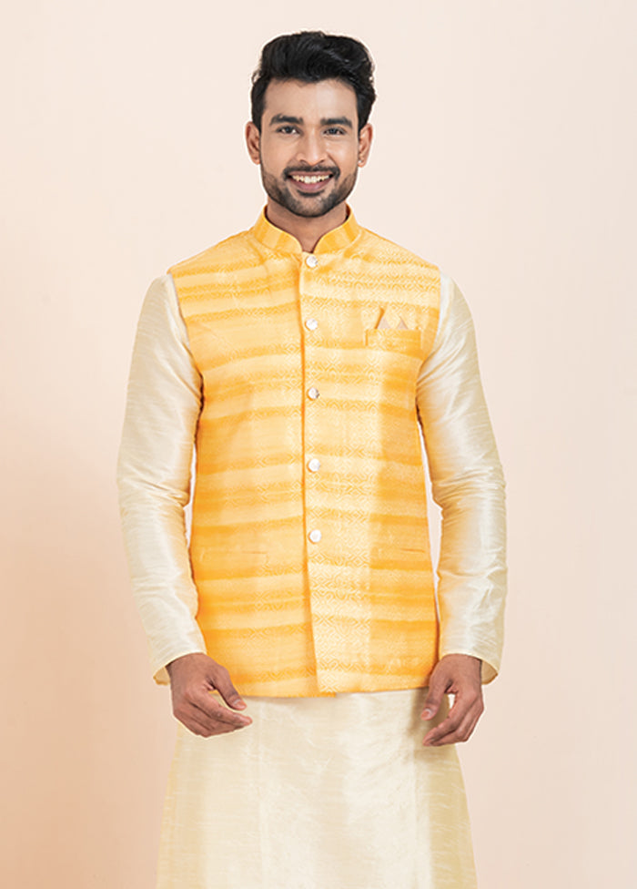 3 Pc Golden Cotton Kurta Pajama with Jacket Set