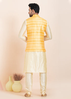 3 Pc Golden Cotton Kurta Pajama with Jacket Set