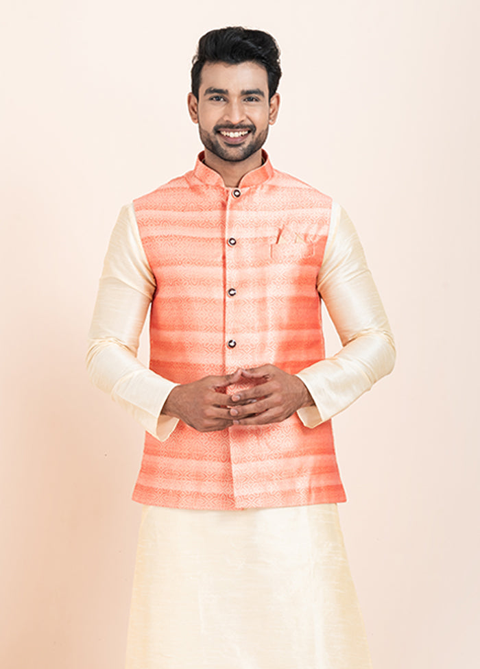 3 Pc Golden Cotton Kurta Pajama with Jacket Set