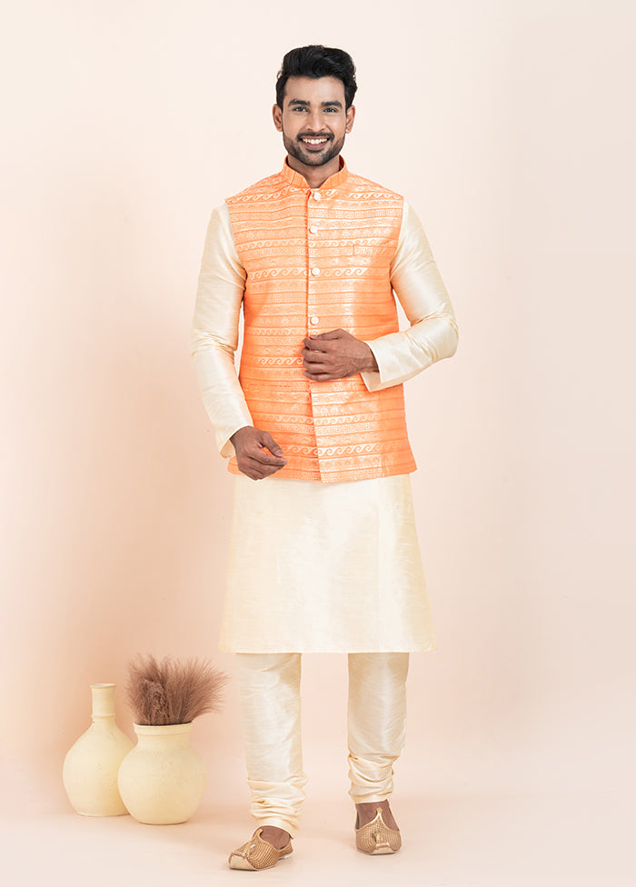 3 Pc Golden Silk Kurta Pajama with Jacket Set
