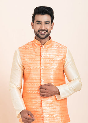 3 Pc Golden Silk Kurta Pajama with Jacket Set