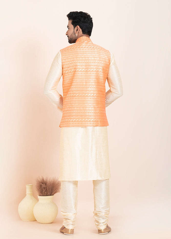 3 Pc Golden Silk Kurta Pajama with Jacket Set