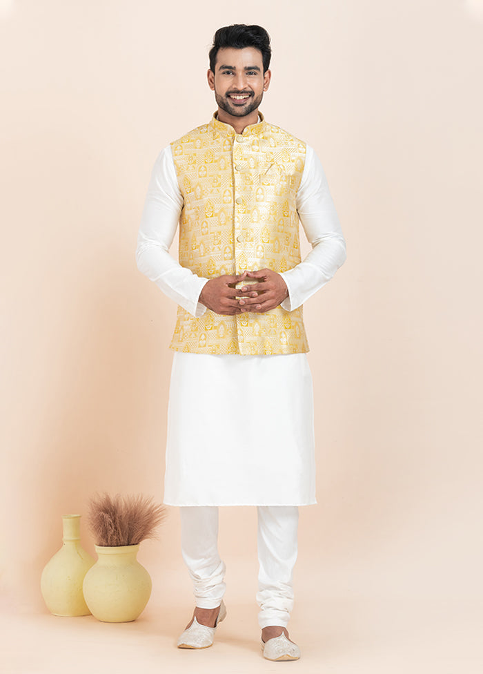 3 Pc White Cotton Kurta Pajama with Jacket Set
