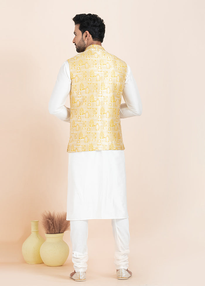 3 Pc White Cotton Kurta Pajama with Jacket Set