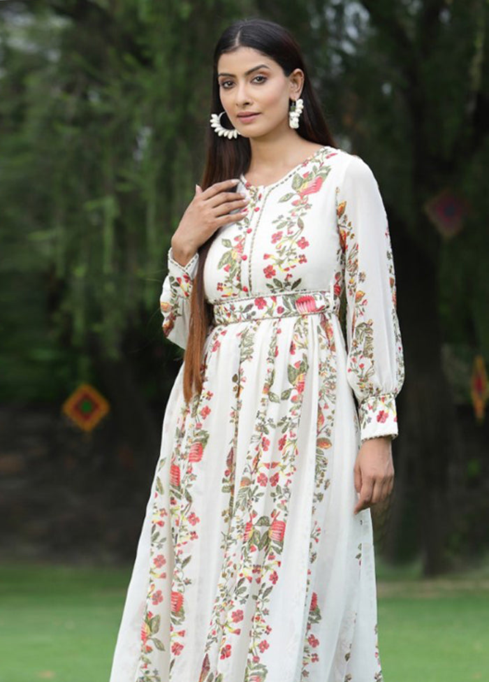 Off White Readymade Pure Silk Indian Dress