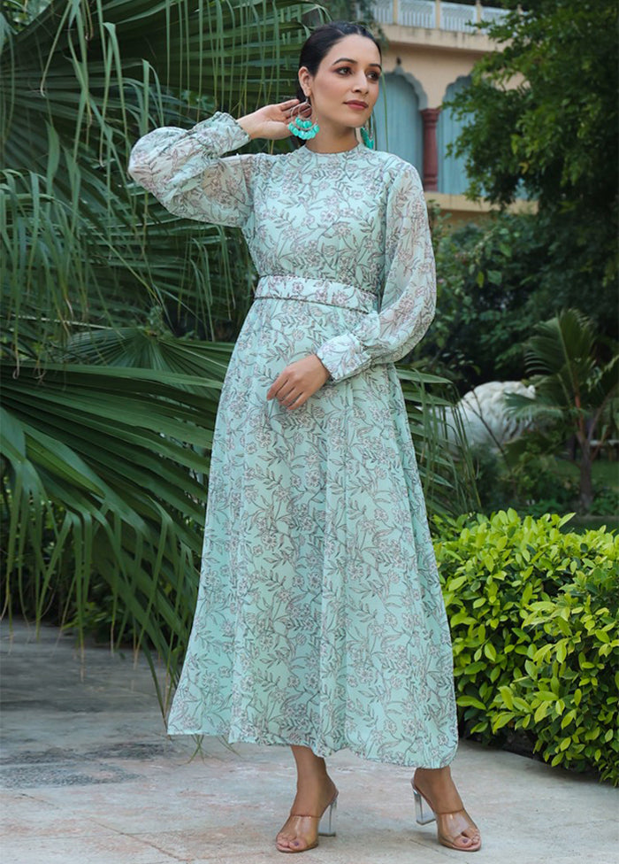 Sage Green Readymade Pure Silk Indian Dress