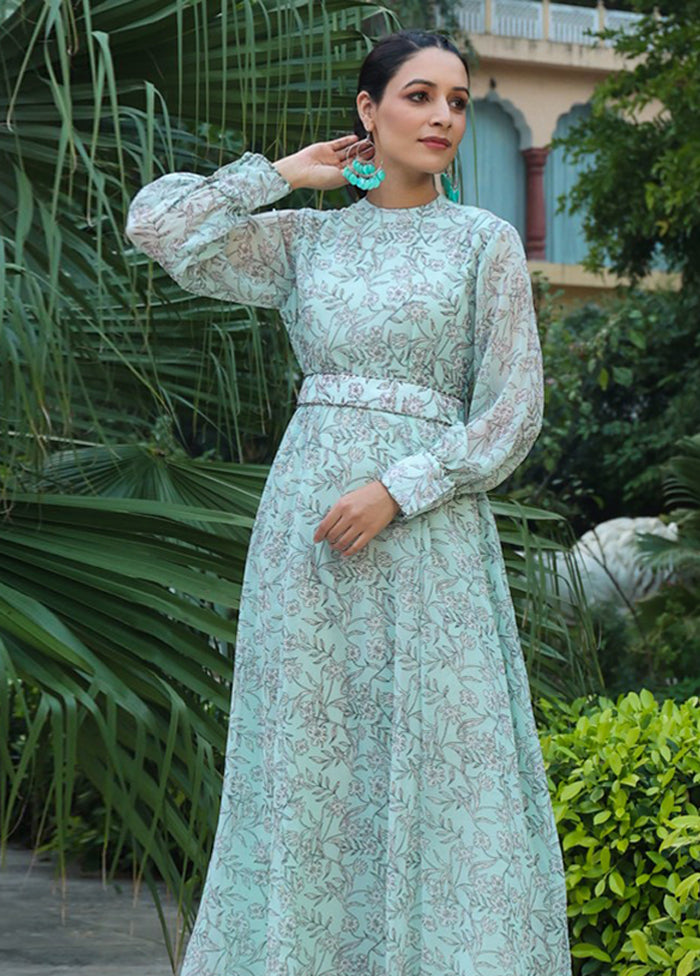 Sage Green Readymade Pure Silk Indian Dress