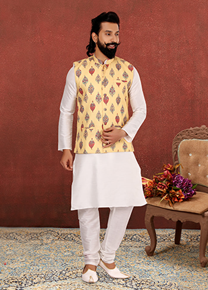 3 Pc Multicolor Silk Kurta Pajama with Jacket Set