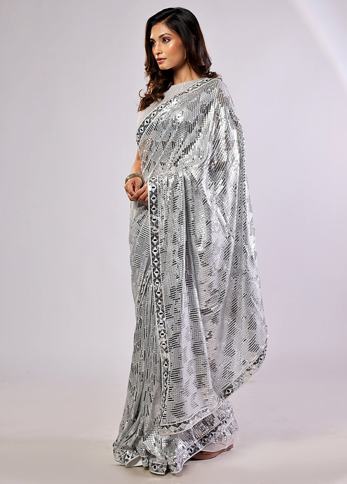 White Handloom Pure Georgette Saree With Blouse Piece