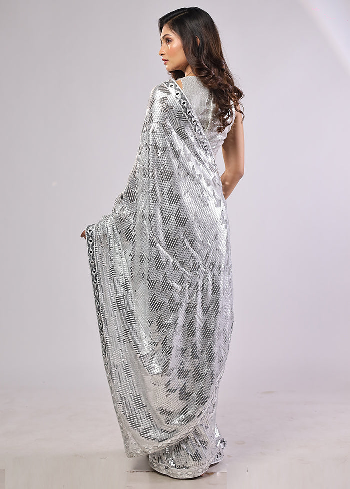 White Handloom Pure Georgette Saree With Blouse Piece