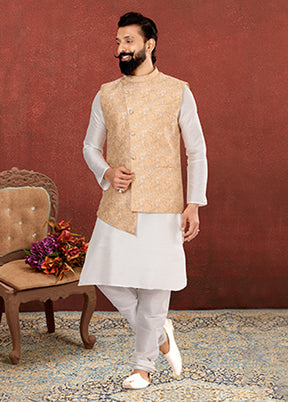 3 Pc Multicolor Silk Kurta Pajama with Jacket Set