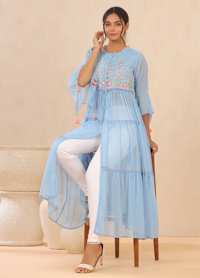 Powder Blue Pure Readymade Silk Kurti