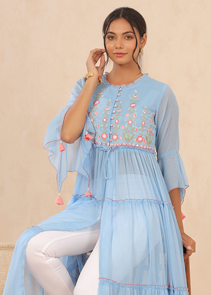 Powder Blue Pure Readymade Silk Kurti