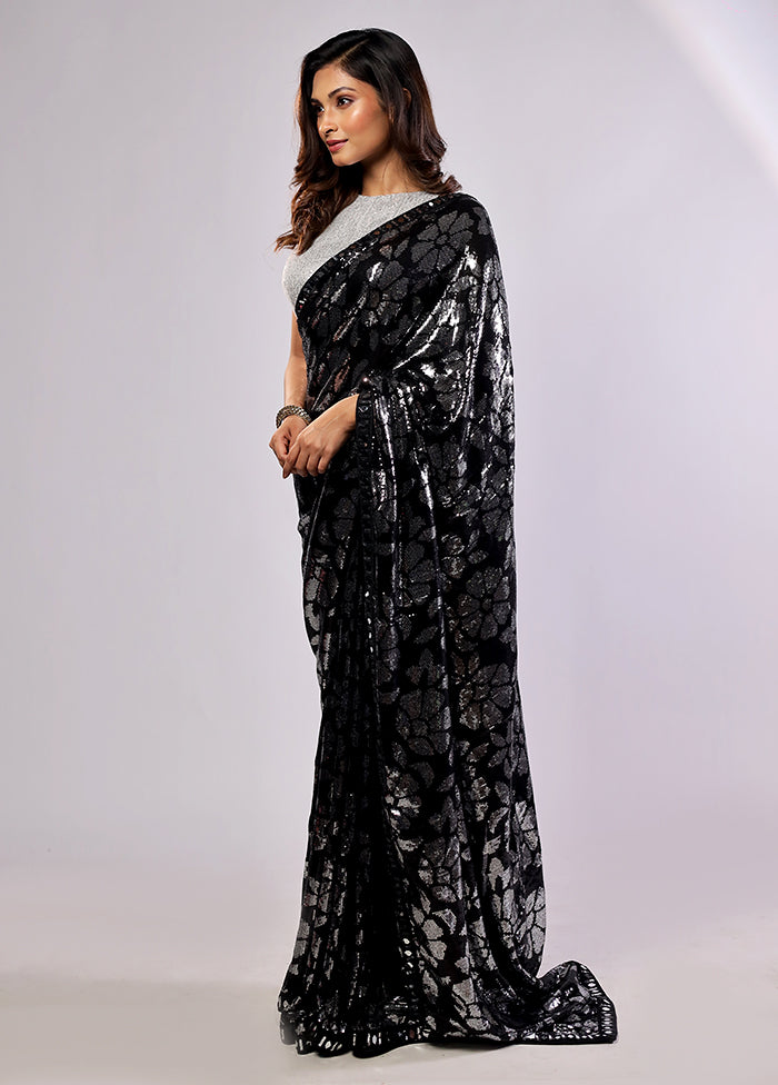 Black Handloom Pure Georgette Saree With Blouse Piece