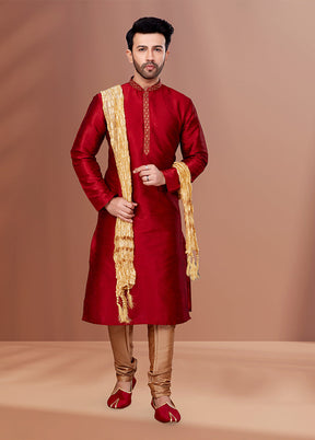 Red Silk 2 Pc Kurta Pajama Set