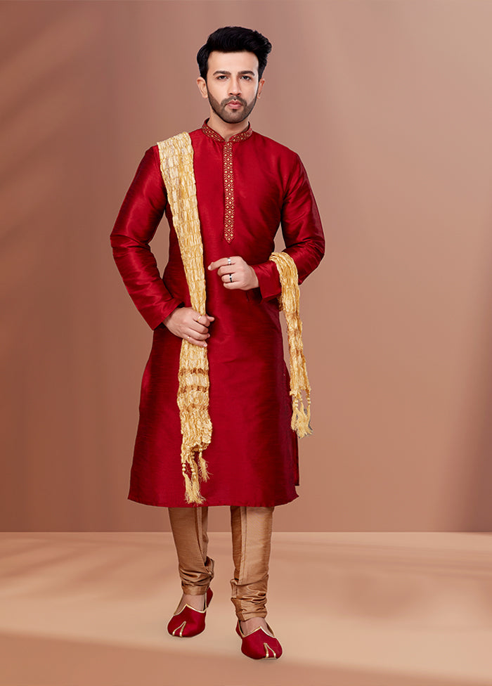 Red Silk 2 Pc Kurta Pajama Set