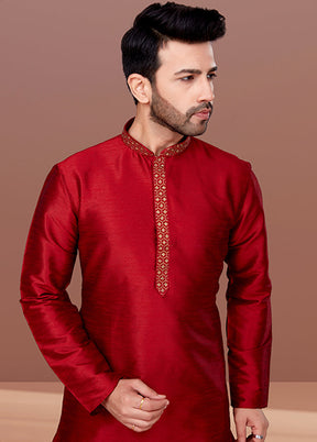 Red Silk 2 Pc Kurta Pajama Set